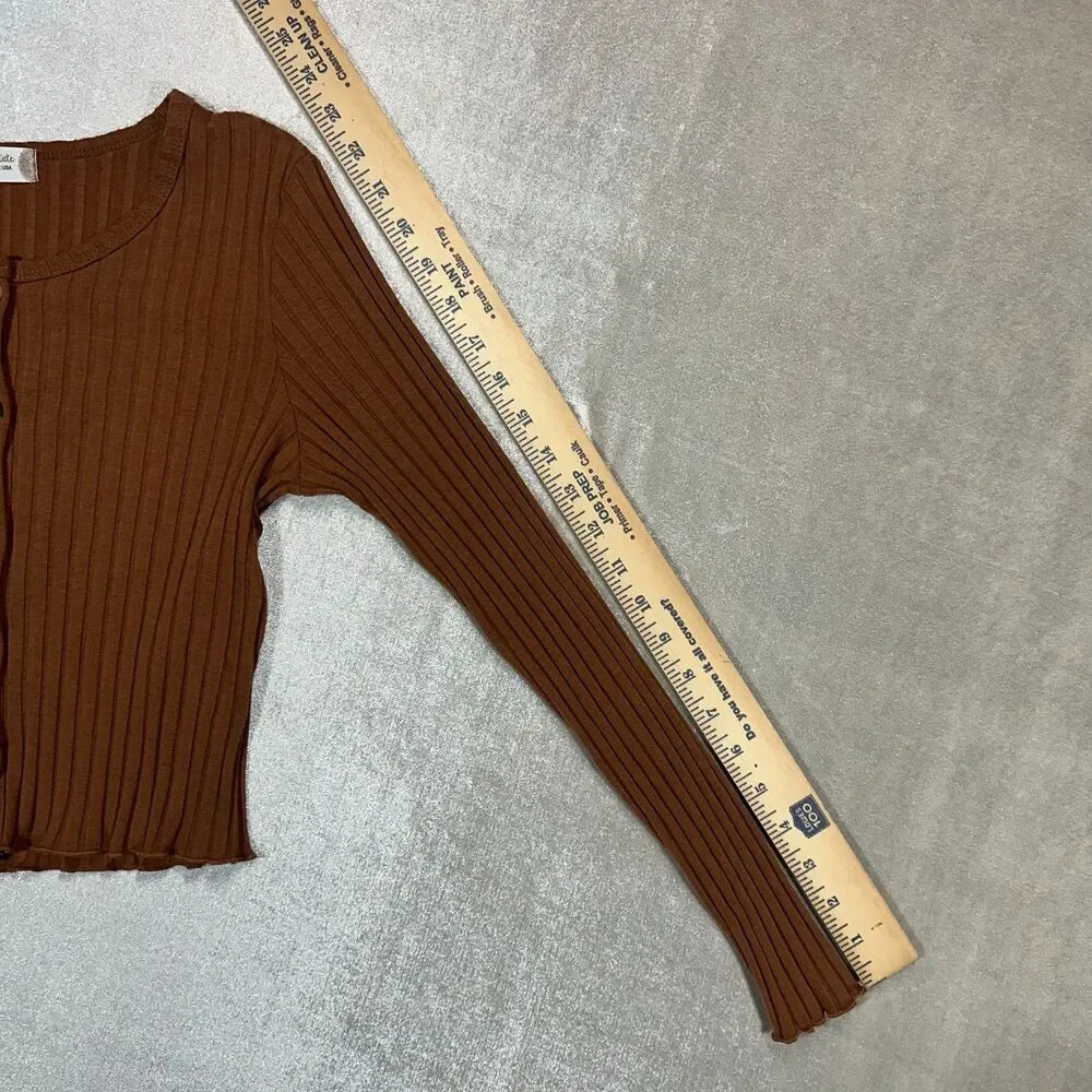 Altar’d State Ribbed Button Front Crop Womens Large Brown Long Sleeve - Picture 5 of 7